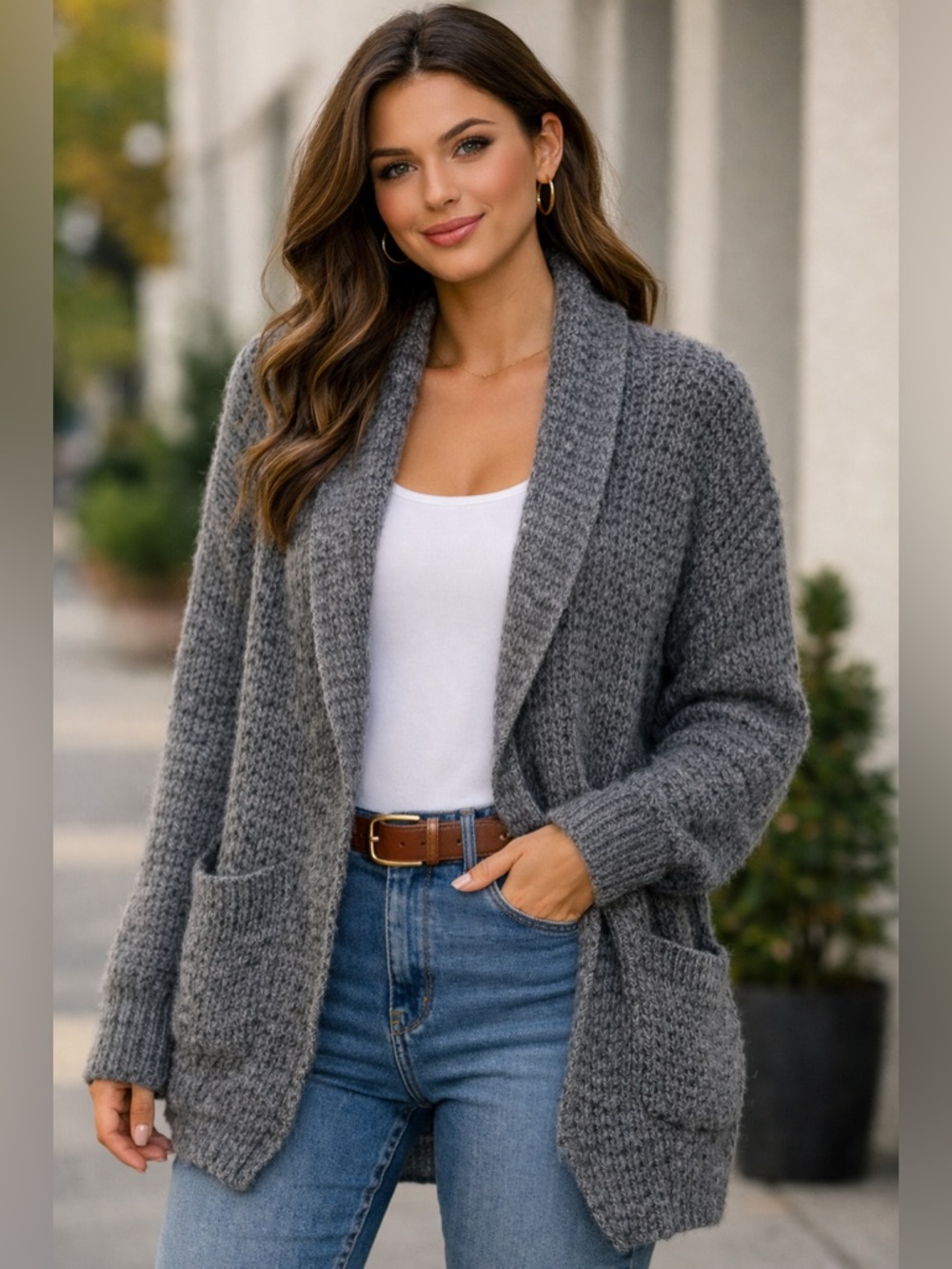 POL Soft-Knit Heather Grey Open-Front Cardigan